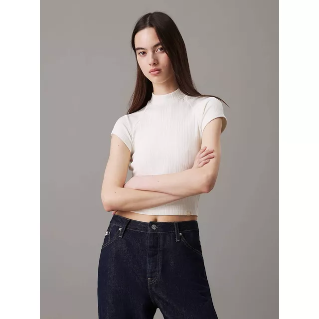 Playera Blanco Calvin Klein Slim Canalé De Mujer